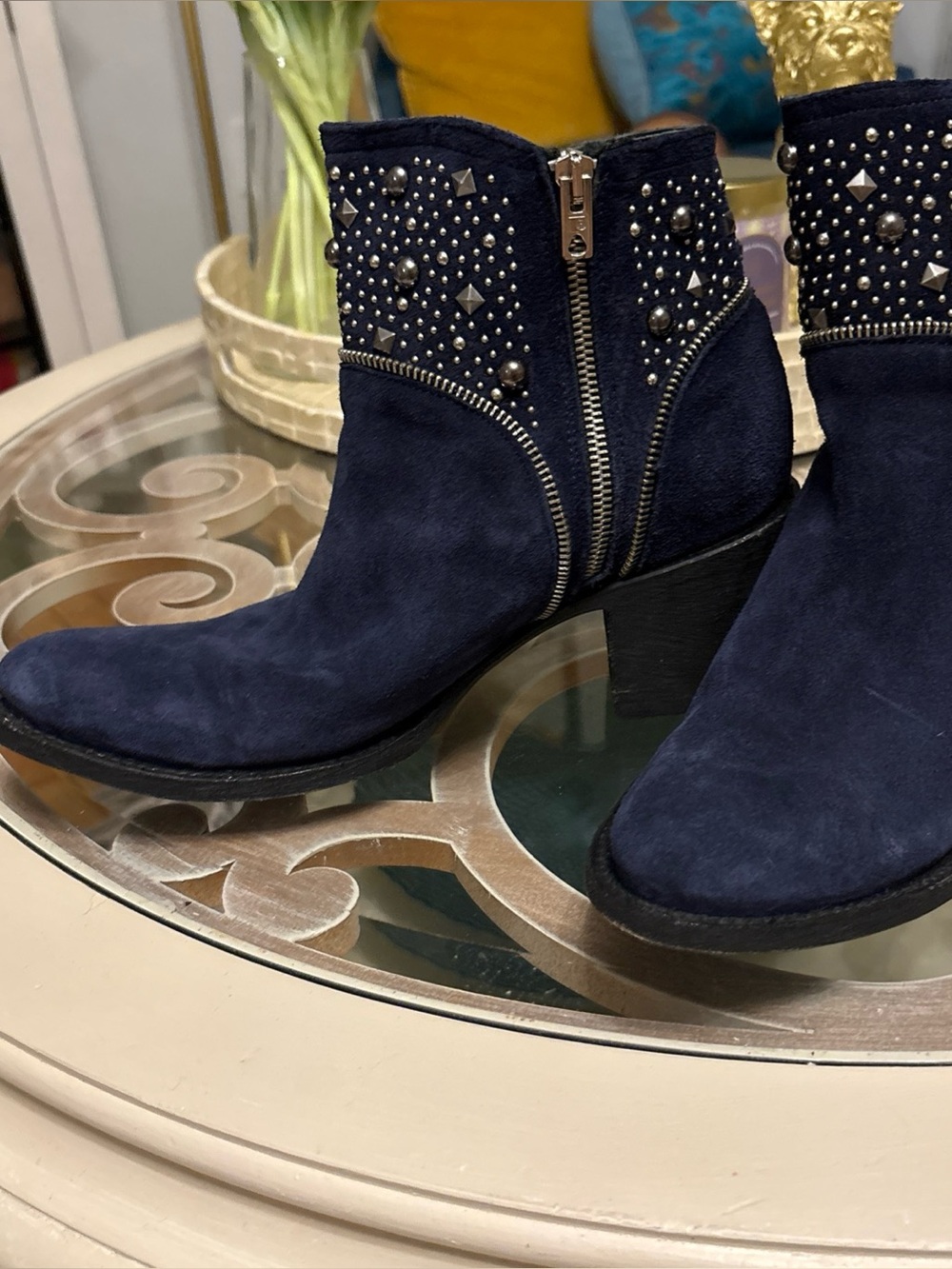 Old GrimgoStudded Navy Suede Ankle Boots with Side Zip